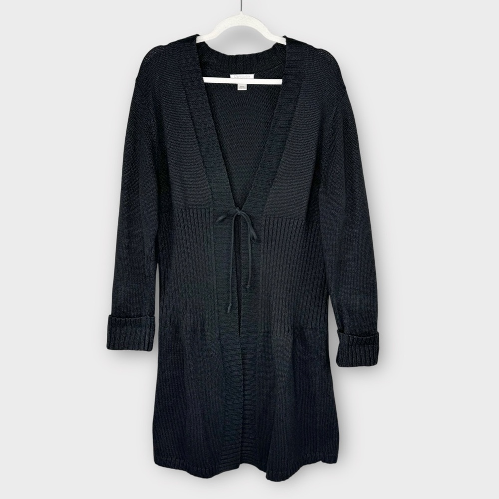 Christopher & Banks Black Long Cardigan Sweater L Open Front with Tie Closure - Picture 8 of 8